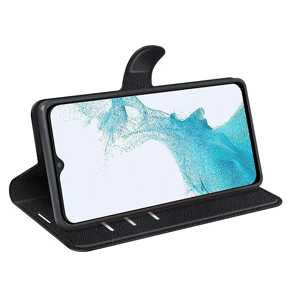 For Samsung Galaxy A23 4G / 5G (Global Version) PU Leather + TPU Leather Case Litchi Texture Full Protection Stand Wallet Phone Cover - Black - 5