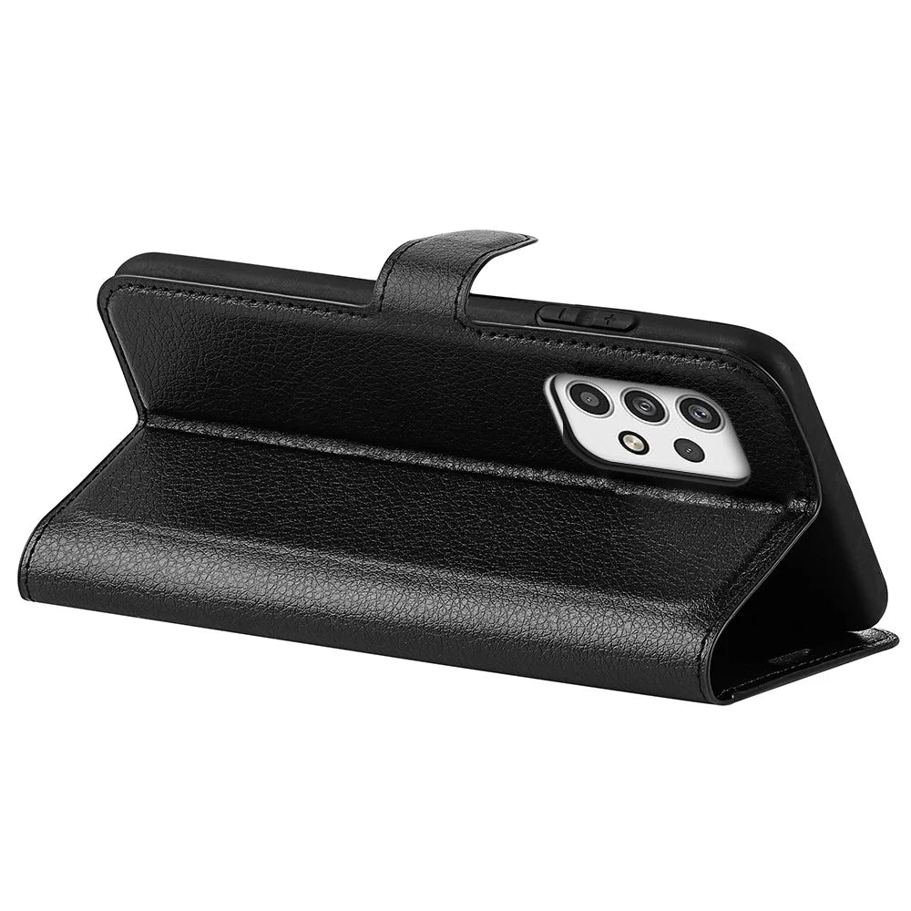 For Samsung Galaxy A23 4G / 5G (Global Version) PU Leather + TPU Leather Case Litchi Texture Full Protection Stand Wallet Phone Cover - Black - 6