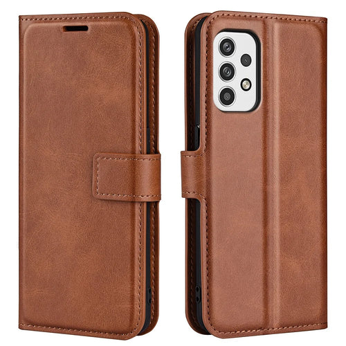 For Samsung Galaxy A23 4G / 5G (Global Version) Anti-scratch Textured PU Leather Wallet Phone Case Adjustable Stand Flip Phone Cover - Light Brown - 1