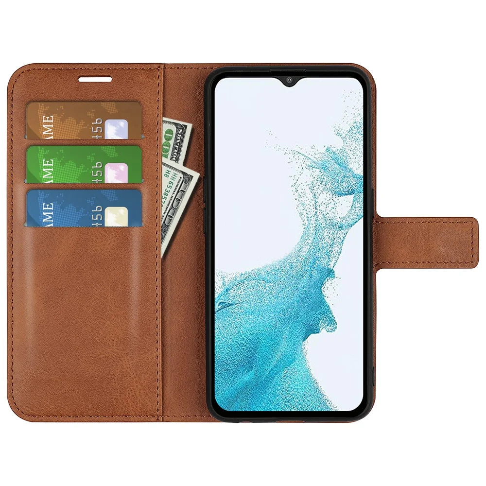 For Samsung Galaxy A23 4G / 5G (Global Version) Anti-scratch Textured PU Leather Wallet Phone Case Adjustable Stand Flip Phone Cover - Light Brown - 4