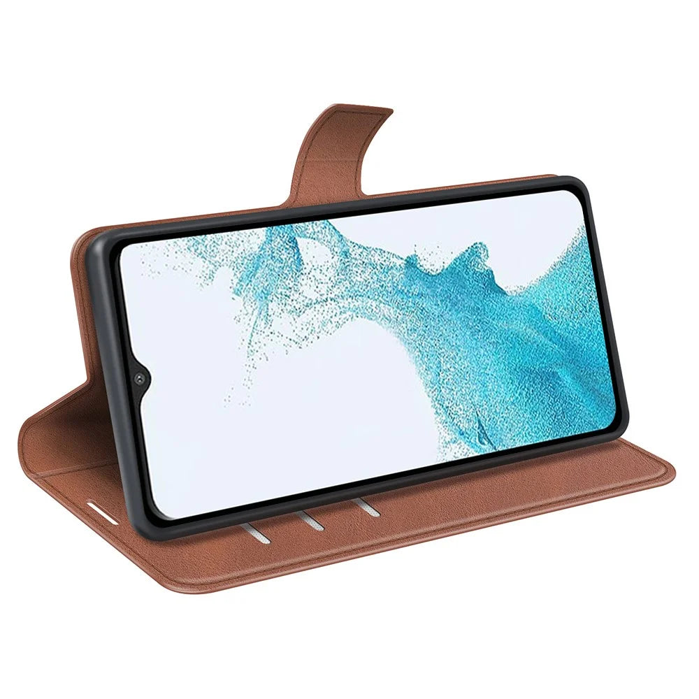 For Samsung Galaxy A23 4G / 5G (Global Version) Anti-scratch Textured PU Leather Wallet Phone Case Adjustable Stand Flip Phone Cover - Light Brown - 5