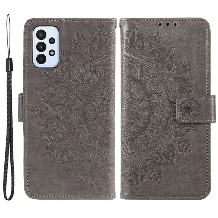 For Samsung Galaxy A23 4G / 5G (Global Version) PU Leather Book Wallet Case Imprinted Mandala Flower Stand Function Full Body Protective Phone Cover with Strap - Grey - 1