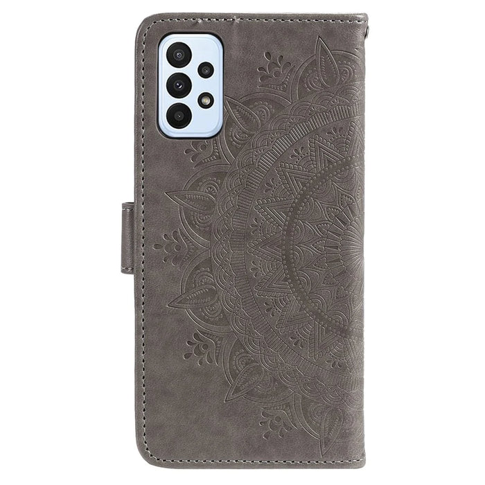 For Samsung Galaxy A23 4G / 5G (Global Version) PU Leather Book Wallet Case Imprinted Mandala Flower Stand Function Full Body Protective Phone Cover with Strap - Grey - 3