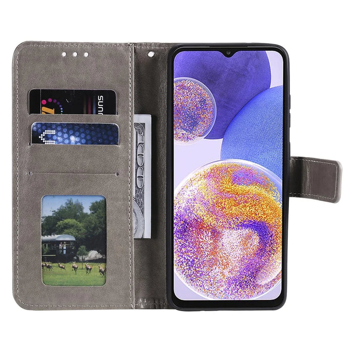For Samsung Galaxy A23 4G / 5G (Global Version) PU Leather Book Wallet Case Imprinted Mandala Flower Stand Function Full Body Protective Phone Cover with Strap - Grey - 4