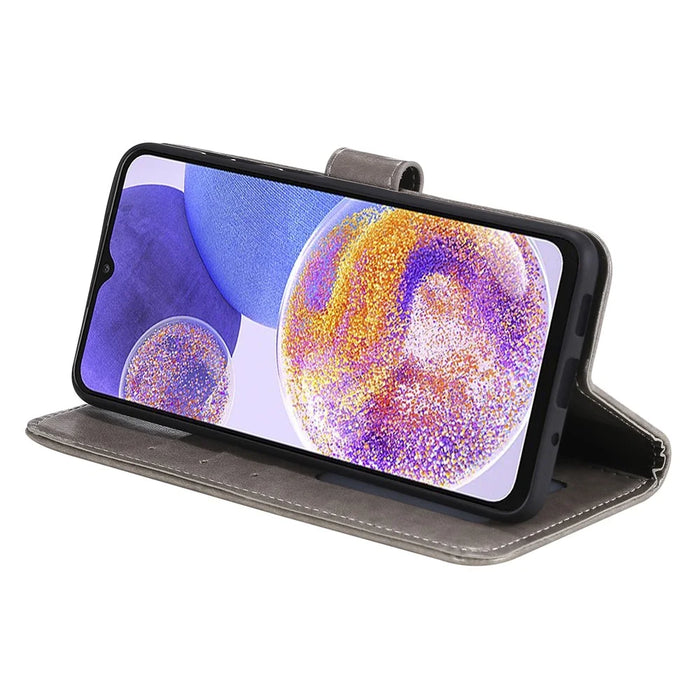 For Samsung Galaxy A23 4G / 5G (Global Version) PU Leather Book Wallet Case Imprinted Mandala Flower Stand Function Full Body Protective Phone Cover with Strap - Grey - 5