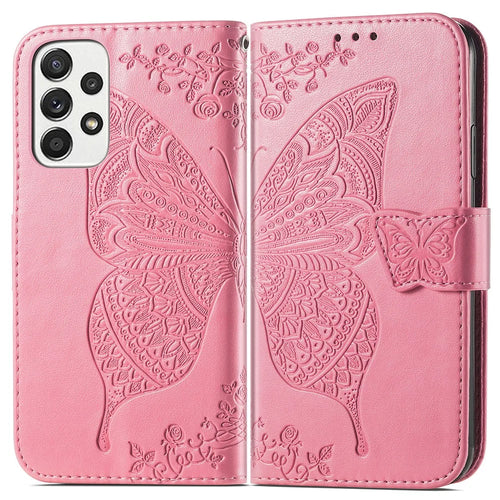 Imprinting Butterfly Flower Leather Case for Samsung Galaxy A33 5G, Wallet Viewing Stand Phone Cover - Pink - 1