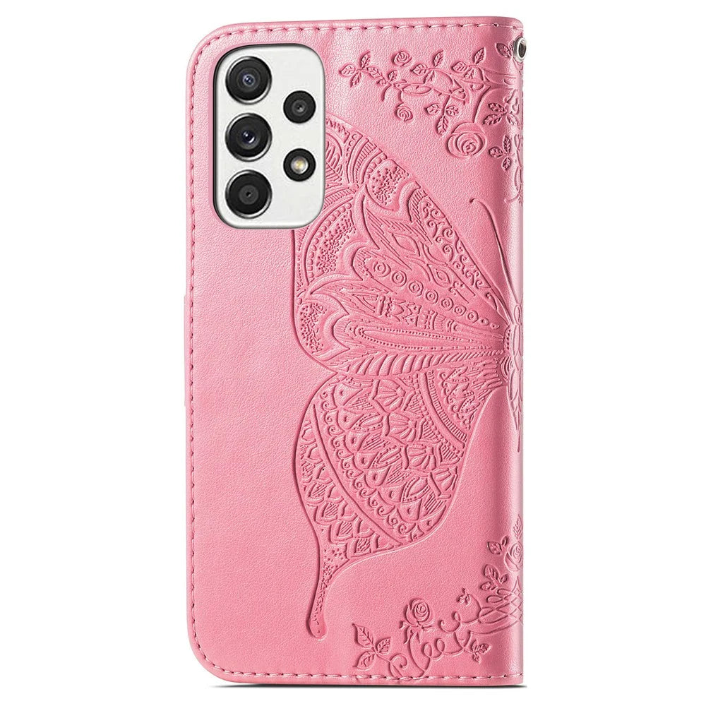 Imprinting Butterfly Flower Leather Case for Samsung Galaxy A33 5G, Wallet Viewing Stand Phone Cover - Pink - 3