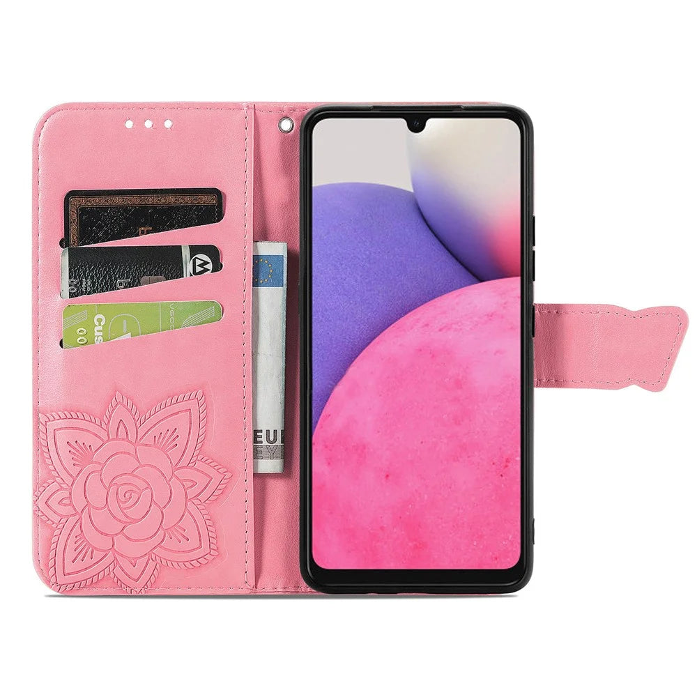 Imprinting Butterfly Flower Leather Case for Samsung Galaxy A33 5G, Wallet Viewing Stand Phone Cover - Pink - 4