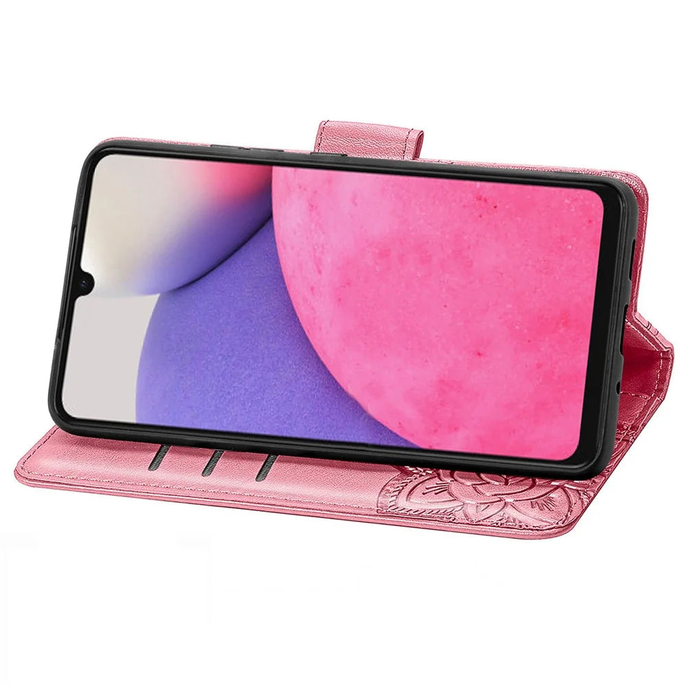 Imprinting Butterfly Flower Leather Case for Samsung Galaxy A33 5G, Wallet Viewing Stand Phone Cover - Pink - 5