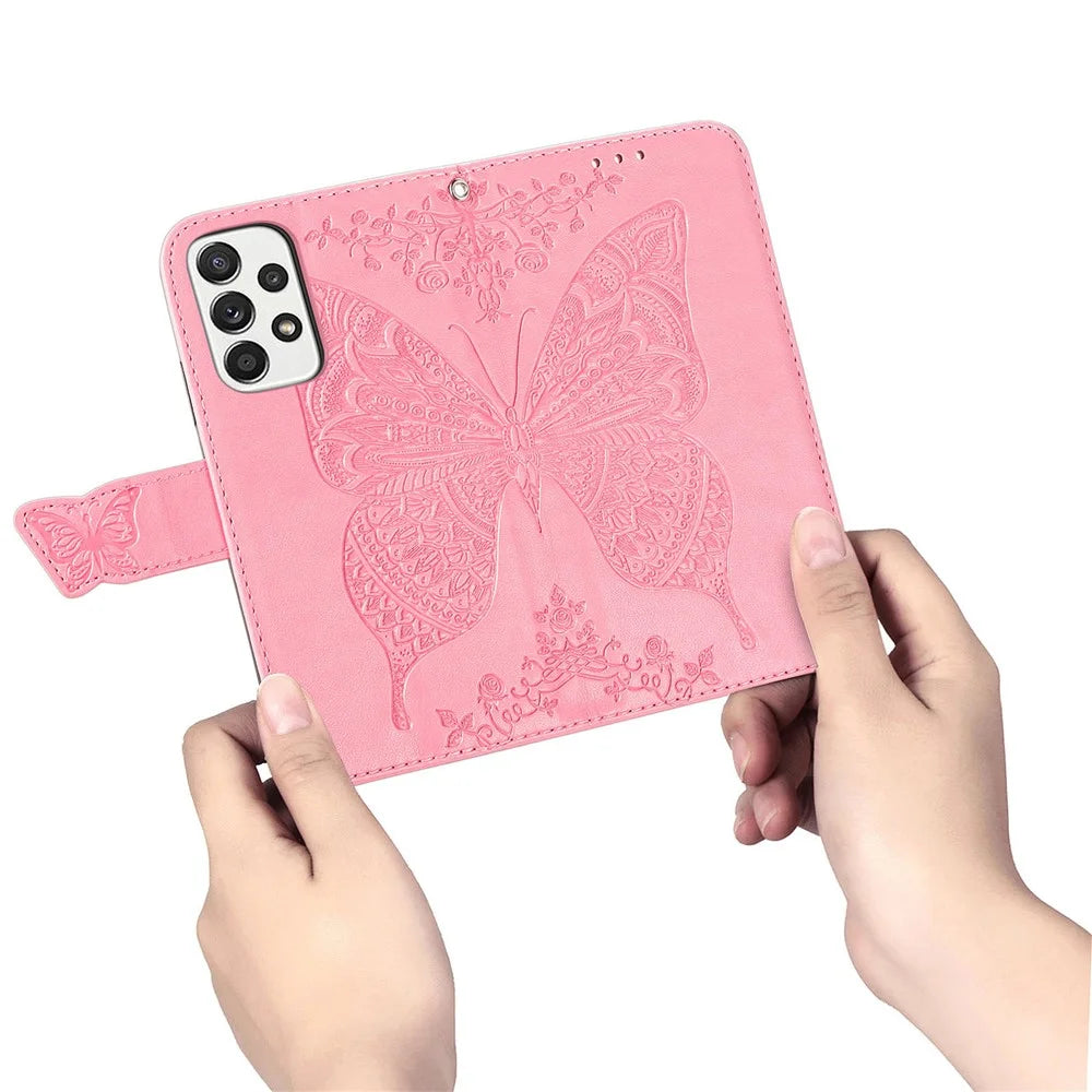 Imprinting Butterfly Flower Leather Case for Samsung Galaxy A33 5G, Wallet Viewing Stand Phone Cover - Pink - 6