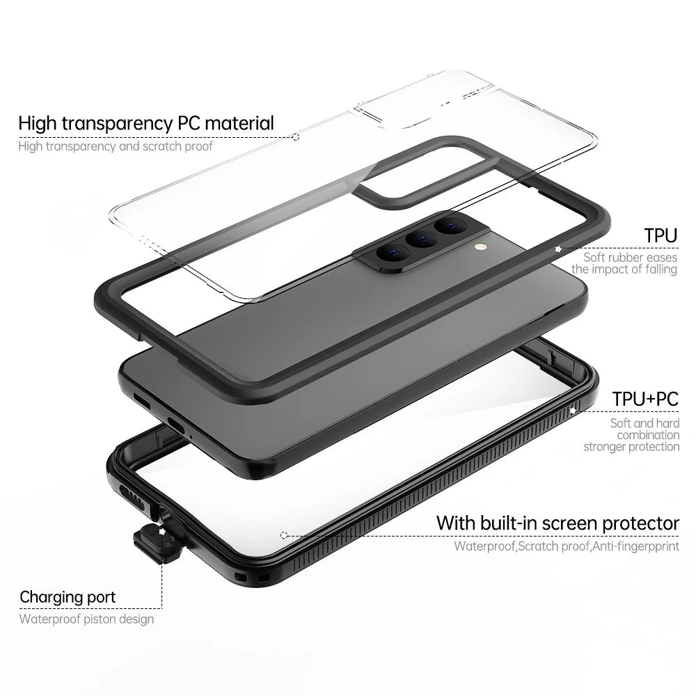 REDPEPPER A Series for Samsung Galaxy S22+ 5G IP68 Waterproof IP6X Dustproof Hybrid Phone Case Transparent Back [Support Fingerprint Unlock] - Black - 7