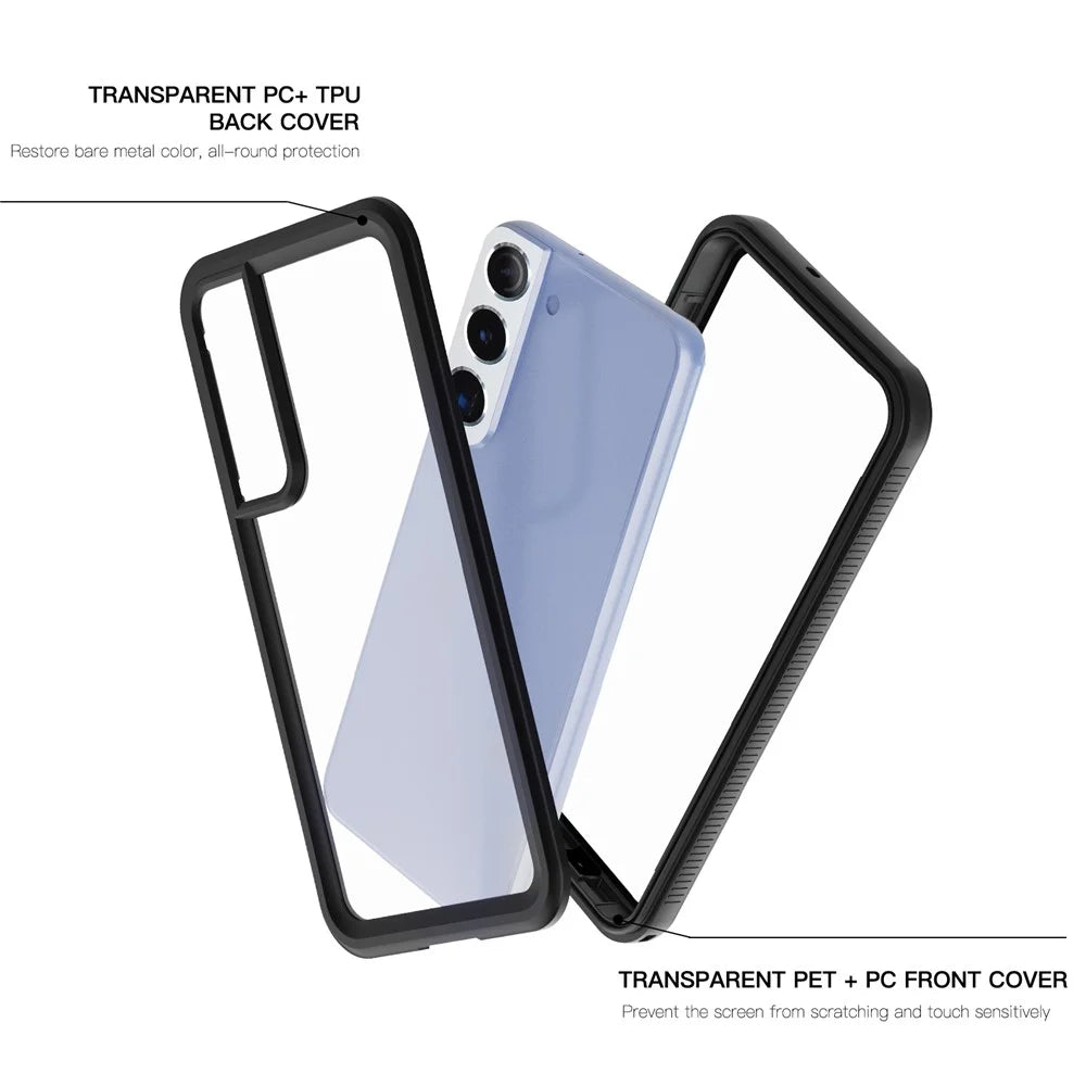 REDPEPPER A Series for Samsung Galaxy S22 5G [Support Fingerprint Unlock] Hybrid Phone Case Transparent Back IP68 Waterproof IP6X Dustproof - Black - 5