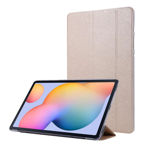 Silk Texture Leather Case for Samsung Galaxy Tab S8+, Tri-fold Stand Tablet Protective Cover - Gold - 1
