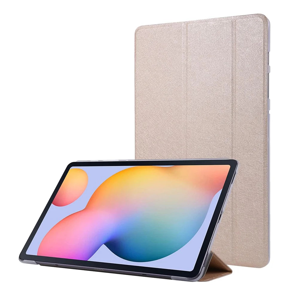 Silk Texture Leather Case for Samsung Galaxy Tab S8+, Tri-fold Stand Tablet Protective Cover - Gold - 1