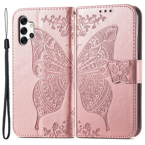 For Samsung Galaxy A13 4G / A13 5G / A04s 4G (164.7mm) Stand PU Leather Case Imprint Butterfly Flower Wallet Cover with Strap - Rose Gold - 1
