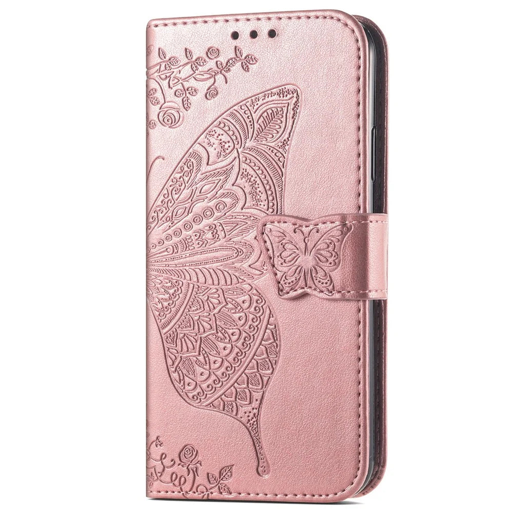 For Samsung Galaxy A13 4G / A13 5G / A04s 4G (164.7mm) Stand PU Leather Case Imprint Butterfly Flower Wallet Cover with Strap - Rose Gold - 2