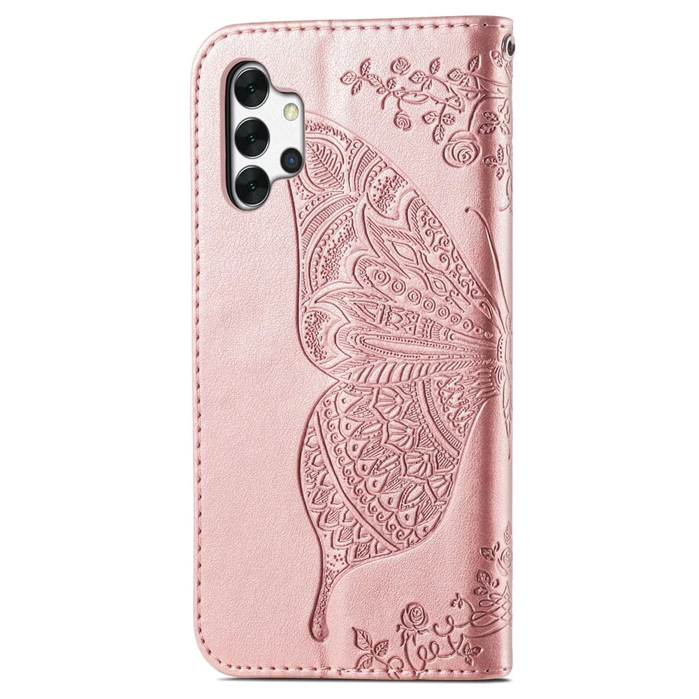 For Samsung Galaxy A13 4G / A13 5G / A04s 4G (164.7mm) Stand PU Leather Case Imprint Butterfly Flower Wallet Cover with Strap - Rose Gold - 3