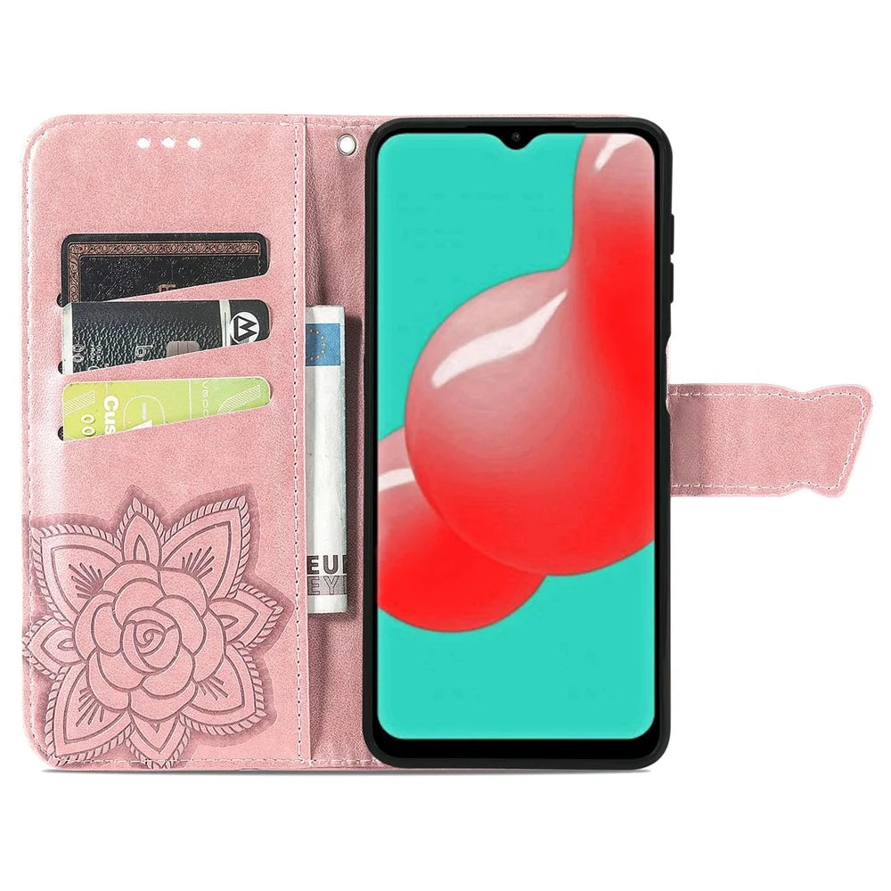 For Samsung Galaxy A13 4G / A13 5G / A04s 4G (164.7mm) Stand PU Leather Case Imprint Butterfly Flower Wallet Cover with Strap - Rose Gold - 4