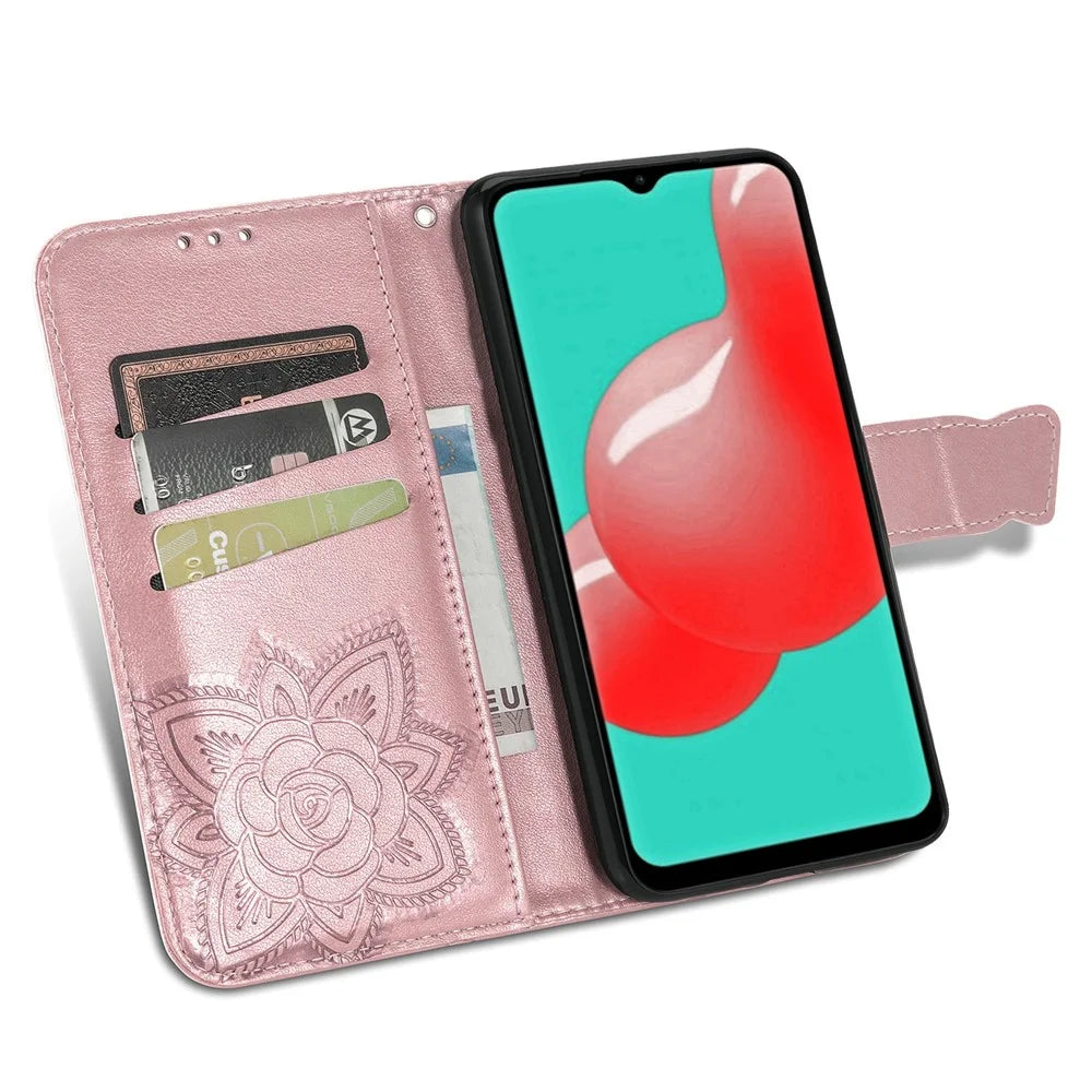 For Samsung Galaxy A13 4G / A13 5G / A04s 4G (164.7mm) Stand PU Leather Case Imprint Butterfly Flower Wallet Cover with Strap - Rose Gold - 5
