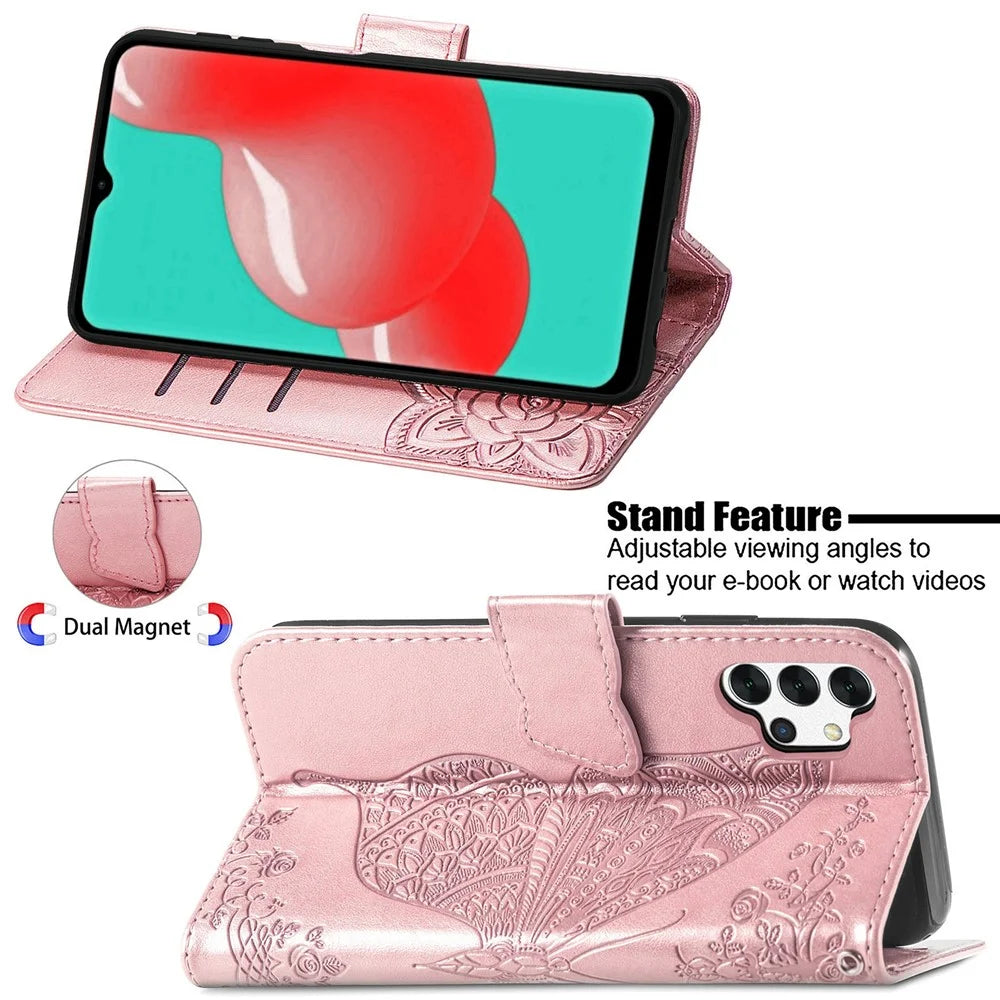 For Samsung Galaxy A13 4G / A13 5G / A04s 4G (164.7mm) Stand PU Leather Case Imprint Butterfly Flower Wallet Cover with Strap - Rose Gold - 6