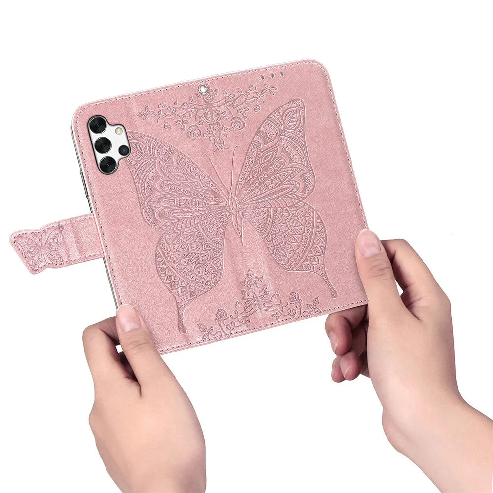 For Samsung Galaxy A13 4G / A13 5G / A04s 4G (164.7mm) Stand PU Leather Case Imprint Butterfly Flower Wallet Cover with Strap - Rose Gold - 7