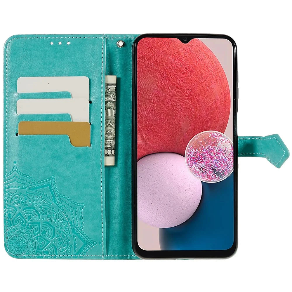 Mandala Embossed Phone Case for Samsung Galaxy A13 4G Anti-fall Stand Function Phone Cover Shell Wallet - Green - 2