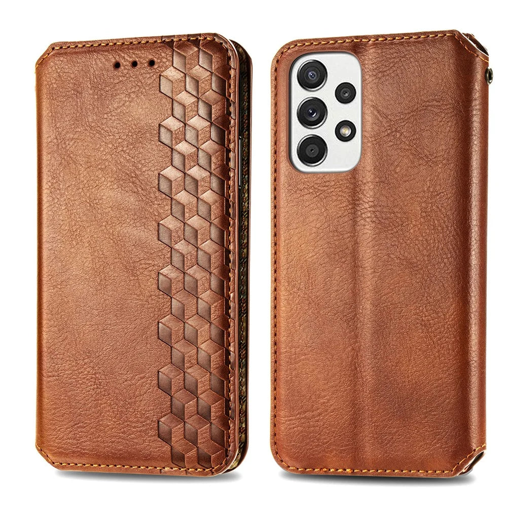 For Samsung Galaxy A33 5G PU Leather Case Rhombus Imprint Wallet Stand Phone Cover - Brown - 1