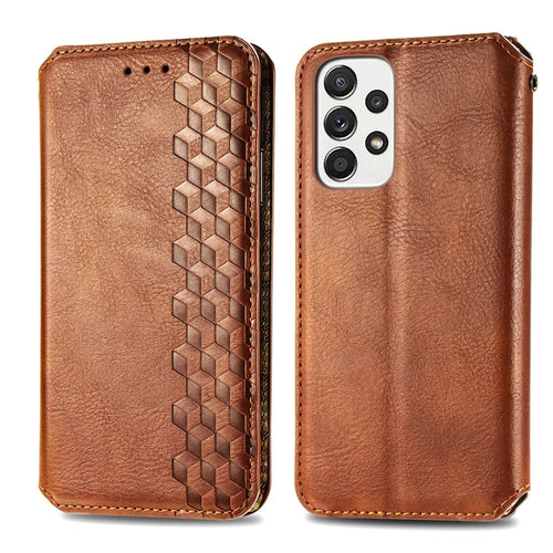 For Samsung Galaxy A33 5G PU Leather Case Rhombus Imprint Wallet Stand Phone Cover - Brown - 1