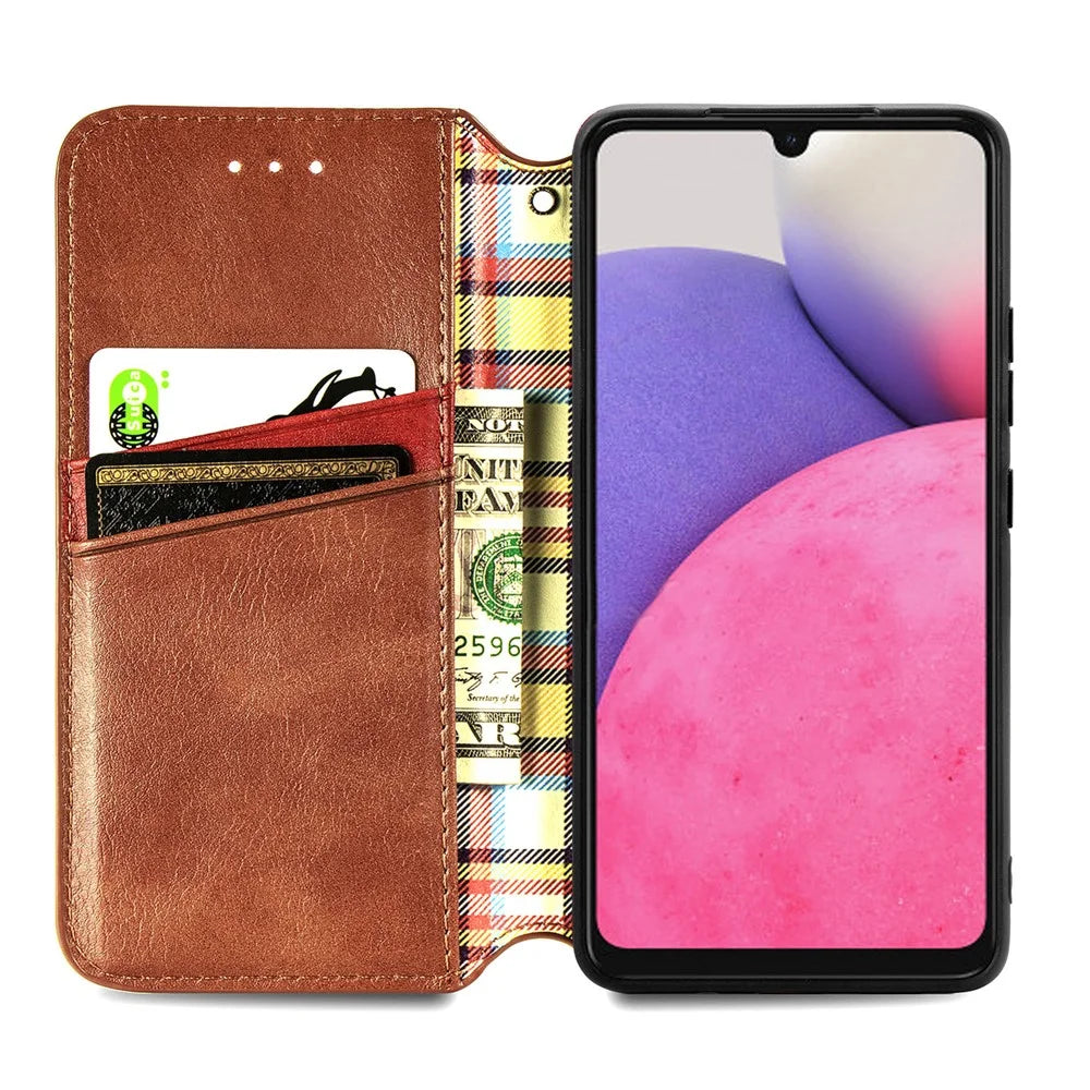 For Samsung Galaxy A33 5G PU Leather Case Rhombus Imprint Wallet Stand Phone Cover - Brown - 2