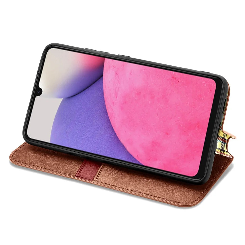 For Samsung Galaxy A33 5G PU Leather Case Rhombus Imprint Wallet Stand Phone Cover - Brown - 3