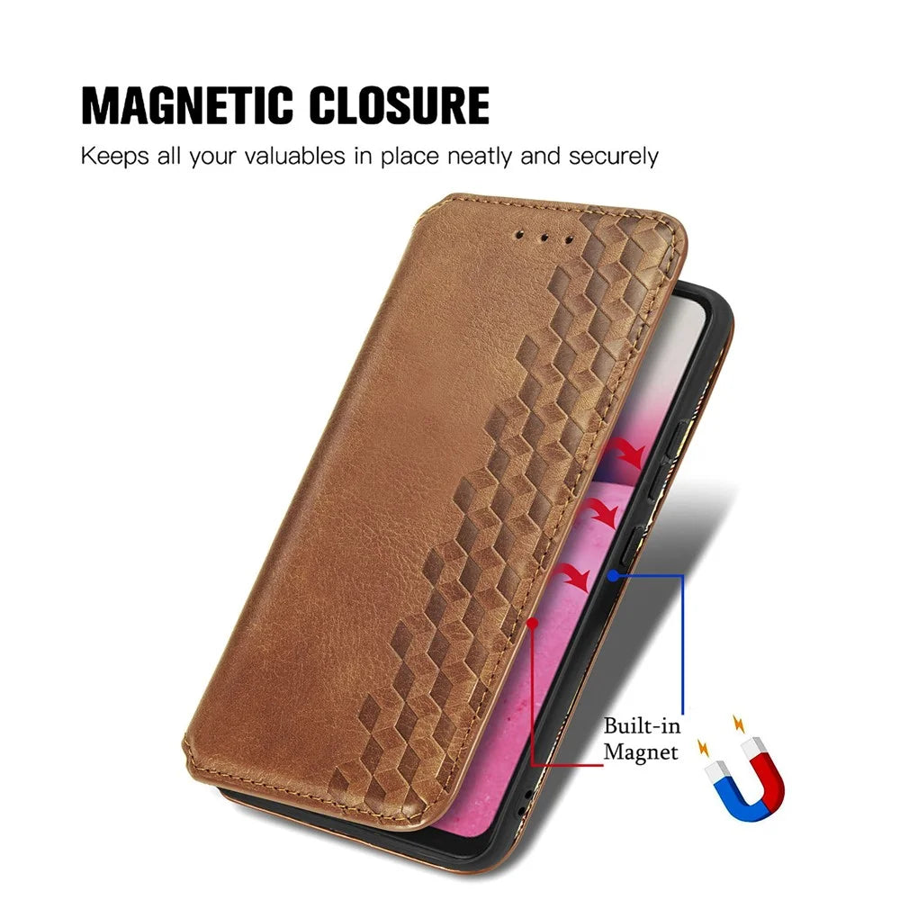For Samsung Galaxy A33 5G PU Leather Case Rhombus Imprint Wallet Stand Phone Cover - Brown - 6