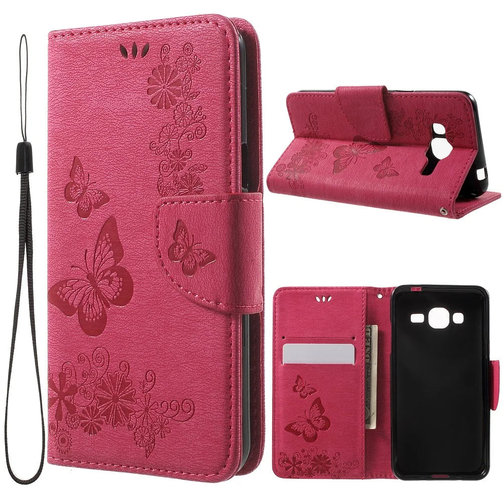 Imprint Butterfly Flowers Leather Card Holder Case for Samsung Galaxy J3 (2016) - Rose - 1
