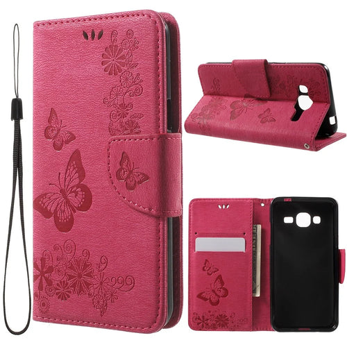 Imprint Butterfly Flowers Leather Card Holder Case for Samsung Galaxy J3 (2016) - Rose - 1