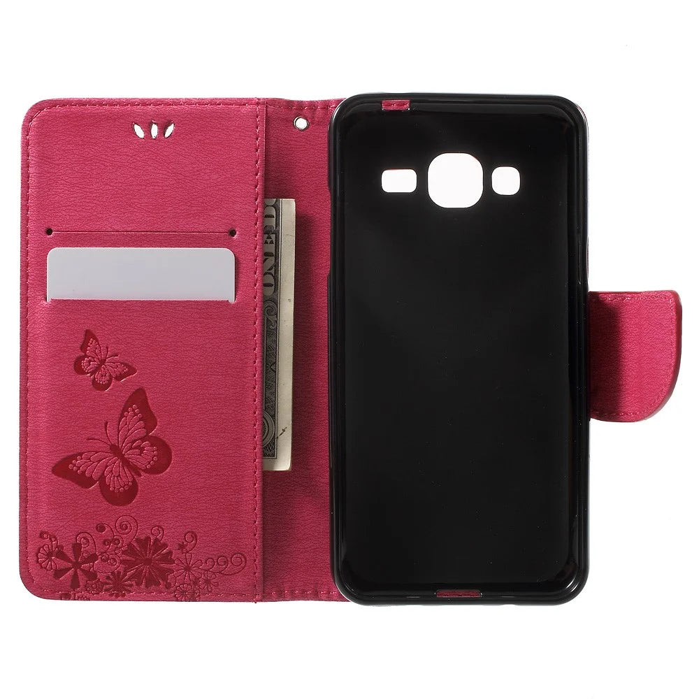 Imprint Butterfly Flowers Leather Card Holder Case for Samsung Galaxy J3 (2016) - Rose - 4