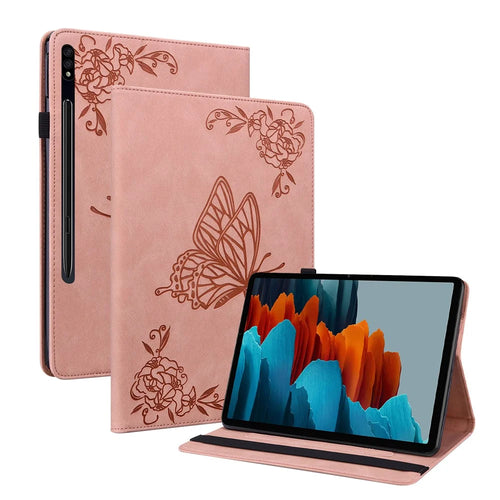 Protective Case for Samsung Galaxy Tab S8 Flip Cover Butterfly Flower Imprinted Card Leather Stand Case with Holder Slot - Pink - 1