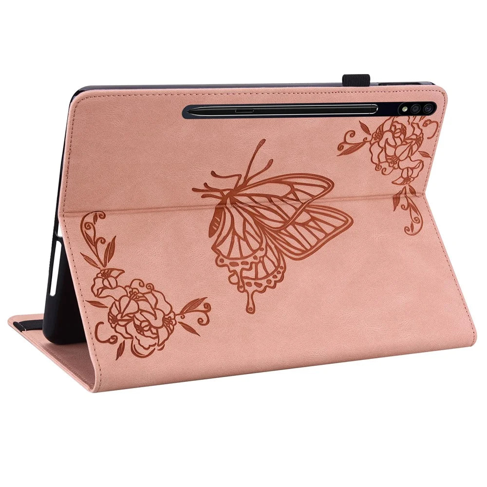 Protective Case for Samsung Galaxy Tab S8 Flip Cover Butterfly Flower Imprinted Card Leather Stand Case with Holder Slot - Pink - 3