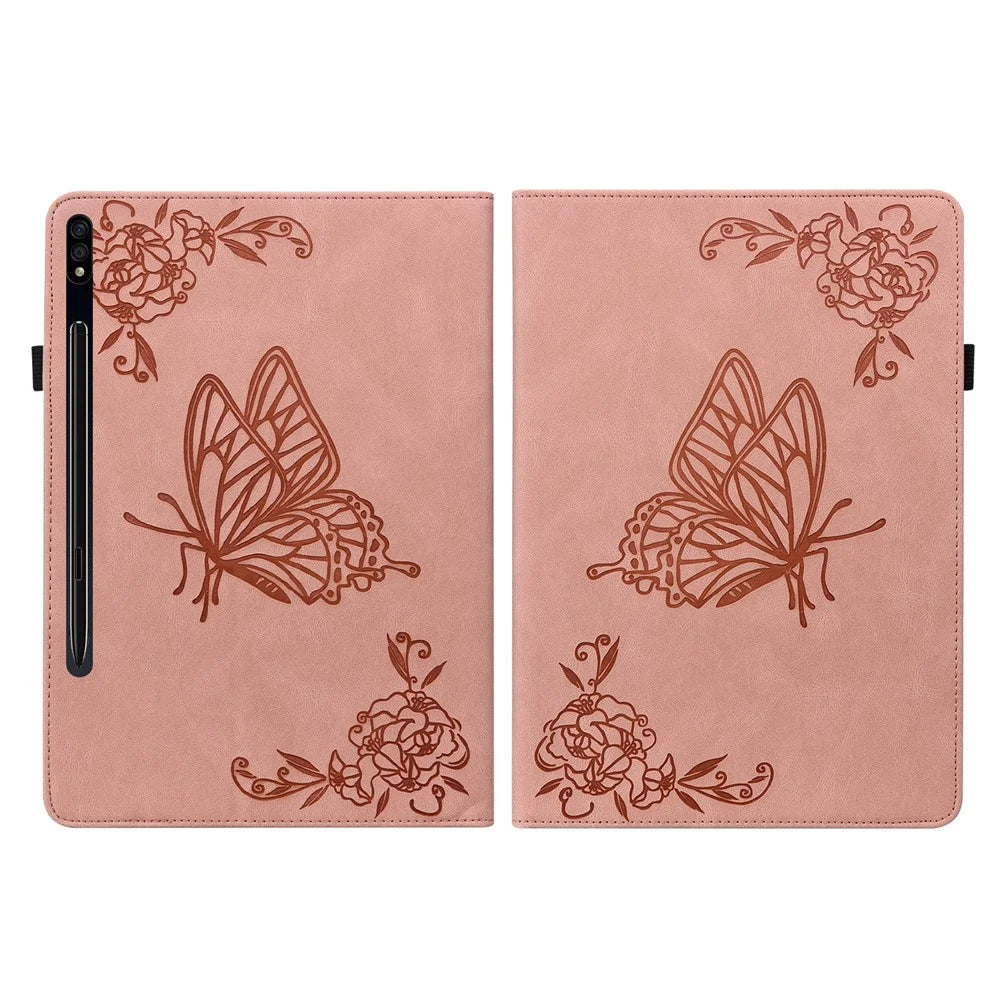 Protective Case for Samsung Galaxy Tab S8 Flip Cover Butterfly Flower Imprinted Card Leather Stand Case with Holder Slot - Pink - 5