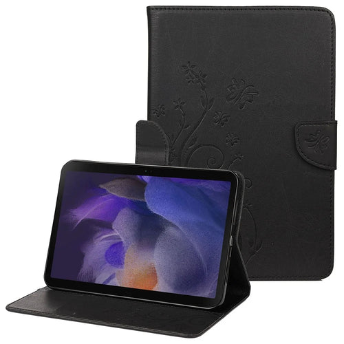 For Samsung Galaxy Tab A8 10.5 (2021) / (2022) Butterfly Flower Imprinted PU Leather Tablet Case Stand Wallet Protective Cover - Black - 1