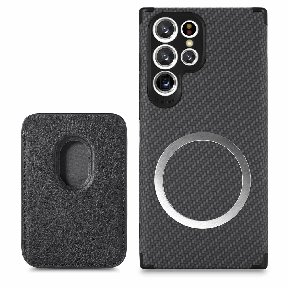Protective Case for Samsung Galaxy S22 Ultra 5G Scratch Resistant Phone Protector Carbon Fiber Texture Cover Shell with Detachable Magnetic Card Holder - Black - 1
