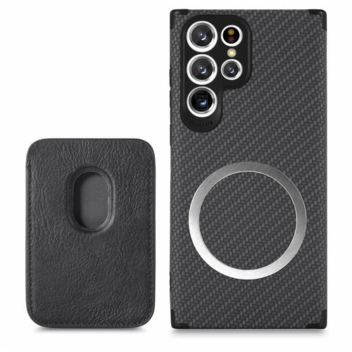 Protective Case for Samsung Galaxy S22 Ultra 5G Scratch Resistant Phone Protector Carbon Fiber Texture Cover Shell with Detachable Magnetic Card Holder - Black - 1