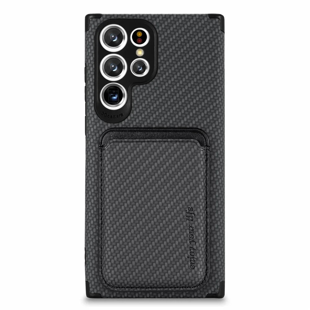 Protective Case for Samsung Galaxy S22 Ultra 5G Scratch Resistant Phone Protector Carbon Fiber Texture Cover Shell with Detachable Magnetic Card Holder - Black - 2