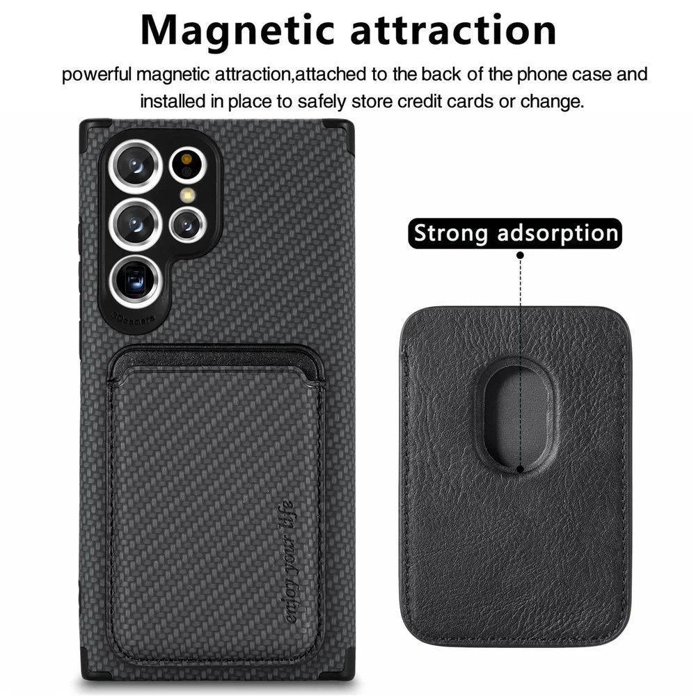 Protective Case for Samsung Galaxy S22 Ultra 5G Scratch Resistant Phone Protector Carbon Fiber Texture Cover Shell with Detachable Magnetic Card Holder - Black - 3