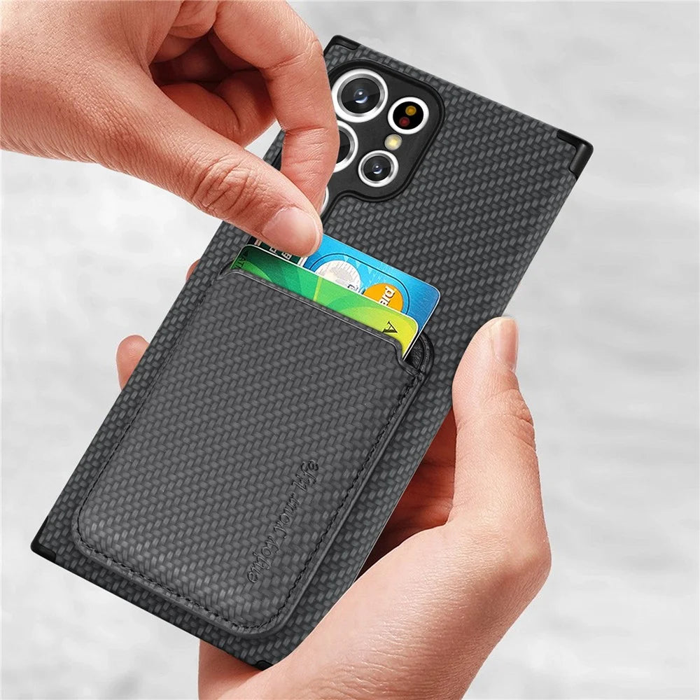 Protective Case for Samsung Galaxy S22 Ultra 5G Scratch Resistant Phone Protector Carbon Fiber Texture Cover Shell with Detachable Magnetic Card Holder - Black - 4