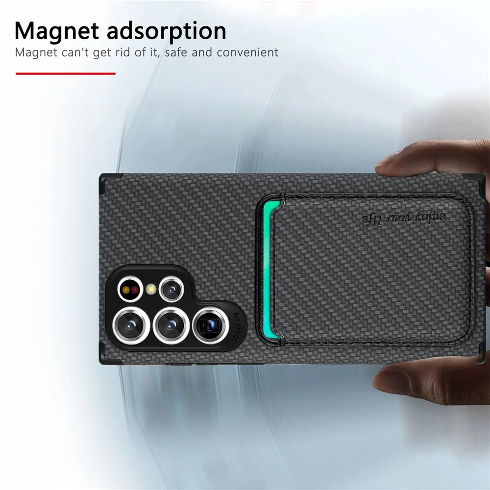 Protective Case for Samsung Galaxy S22 Ultra 5G Scratch Resistant Phone Protector Carbon Fiber Texture Cover Shell with Detachable Magnetic Card Holder - Black - 5