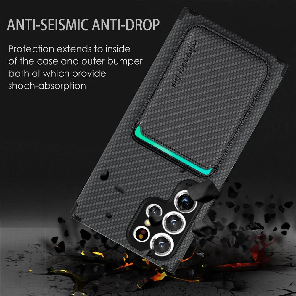 Protective Case for Samsung Galaxy S22 Ultra 5G Scratch Resistant Phone Protector Carbon Fiber Texture Cover Shell with Detachable Magnetic Card Holder - Black - 6