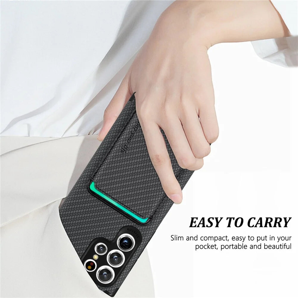 Protective Case for Samsung Galaxy S22 Ultra 5G Scratch Resistant Phone Protector Carbon Fiber Texture Cover Shell with Detachable Magnetic Card Holder - Black - 7