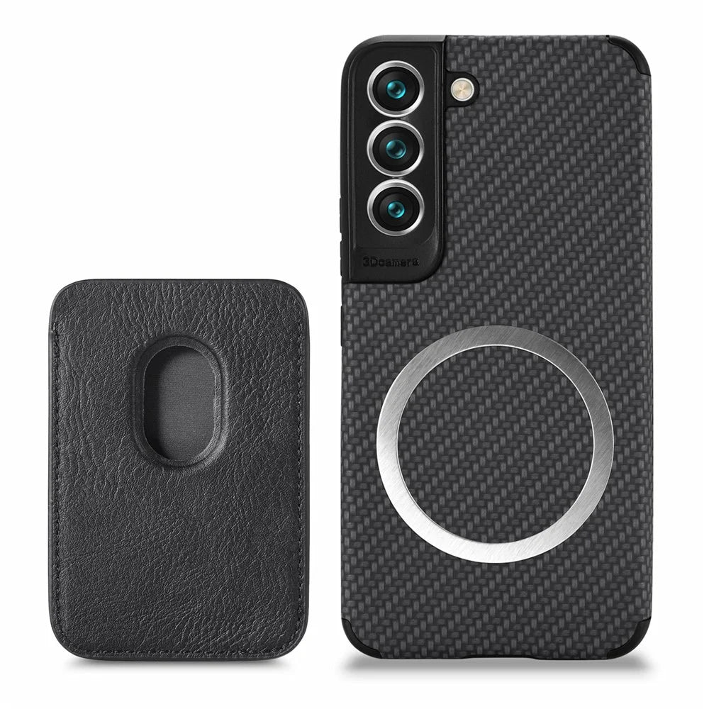 Shockproof Phone Case for Samsung Galaxy S22 5G Carbon Fiber Texture Protective Phone Cover with Detachable Magnetic Card Holder - Black - 1