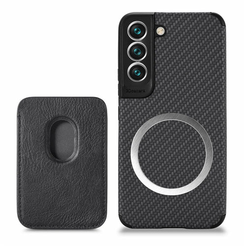 Shockproof Phone Case for Samsung Galaxy S22 5G Carbon Fiber Texture Protective Phone Cover with Detachable Magnetic Card Holder - Black - 1