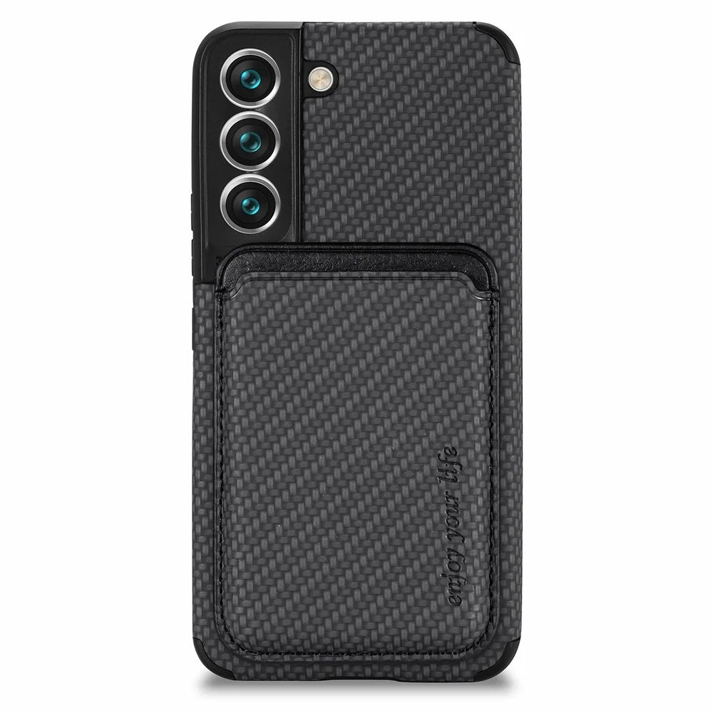 Shockproof Phone Case for Samsung Galaxy S22 5G Carbon Fiber Texture Protective Phone Cover with Detachable Magnetic Card Holder - Black - 2