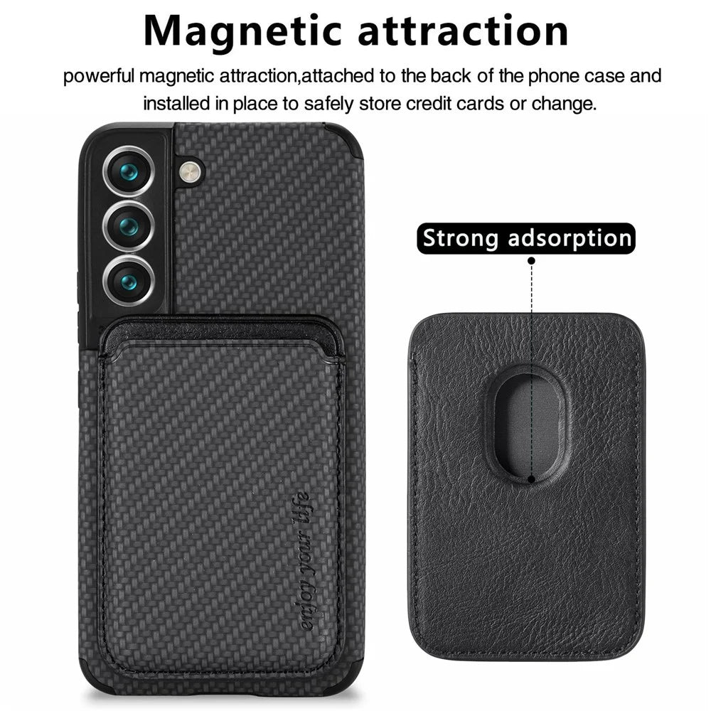Shockproof Phone Case for Samsung Galaxy S22 5G Carbon Fiber Texture Protective Phone Cover with Detachable Magnetic Card Holder - Black - 3